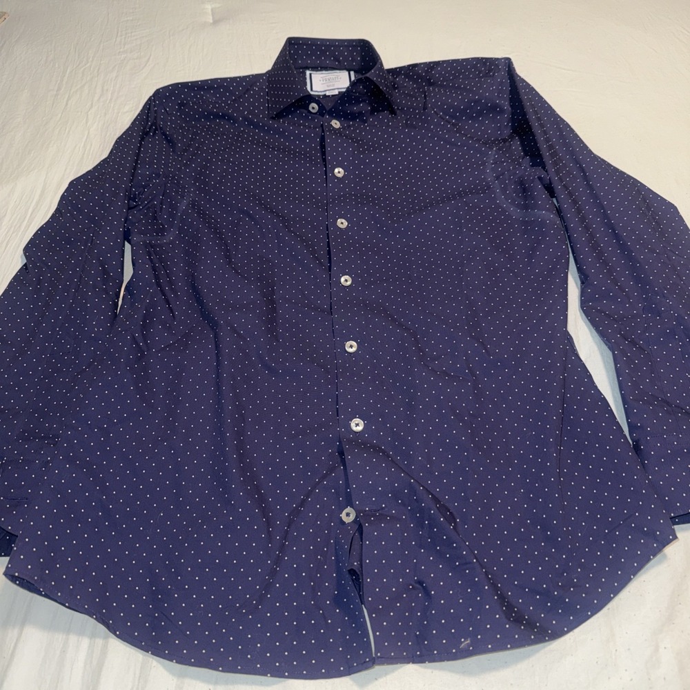 Charles Tyrwhitt Dress Shirt Mens 16 34 Slim Fit Button Up Navy Blue Dot